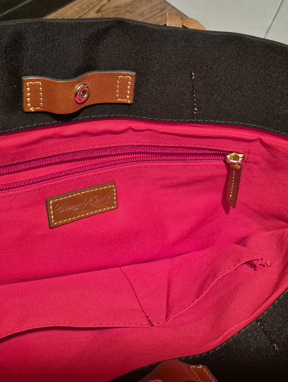 Dooney & Bourke Blue Denim Logo Tote with Tan Leather Trim - Picture 3 of 4
